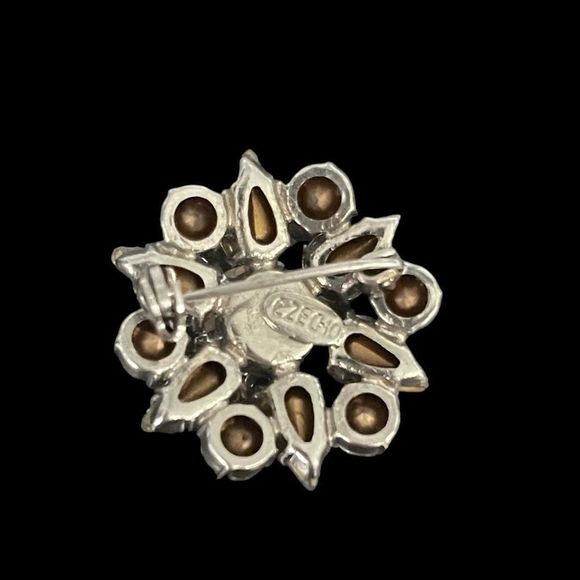 Vintage Signed Czech Prong Set Rhinestone Brooch Pin Silver Tone Open Back Foil - Picture 3 of 5